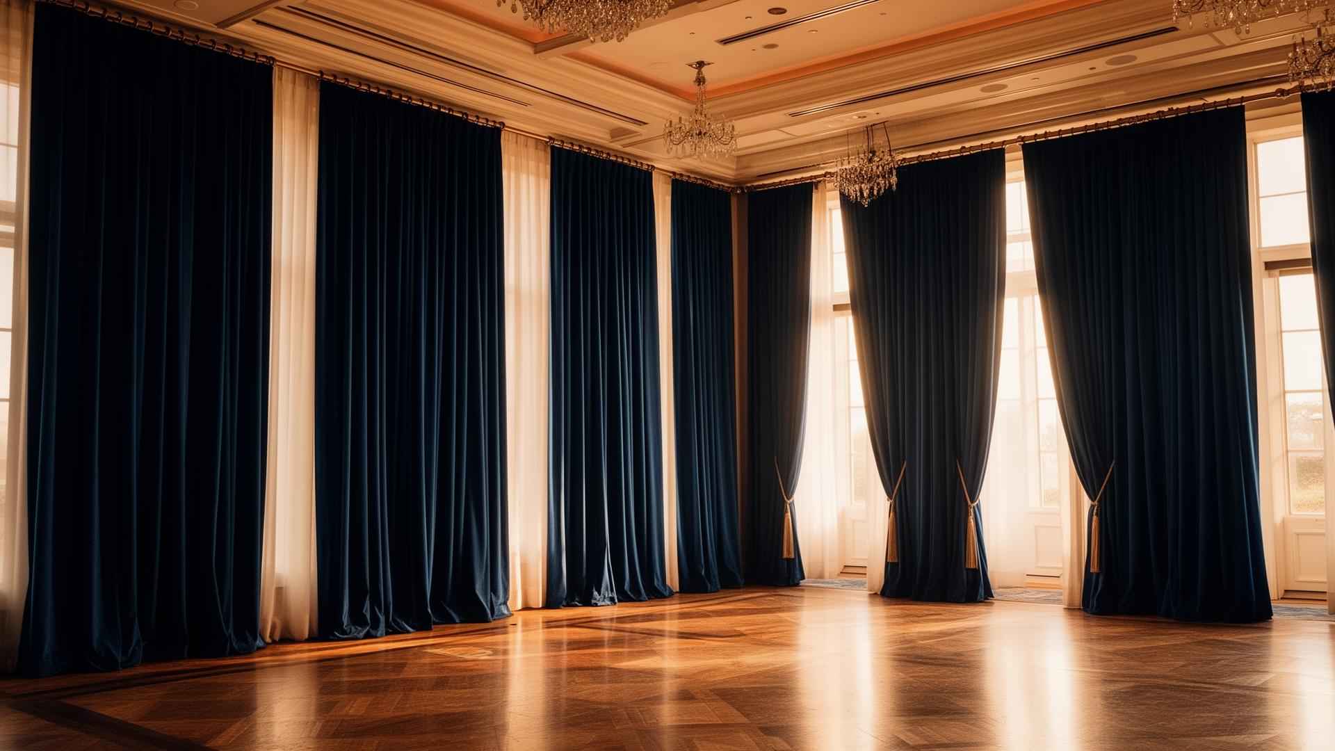 Hotel ballroom with custom navy drapery and brushed bronze hardware